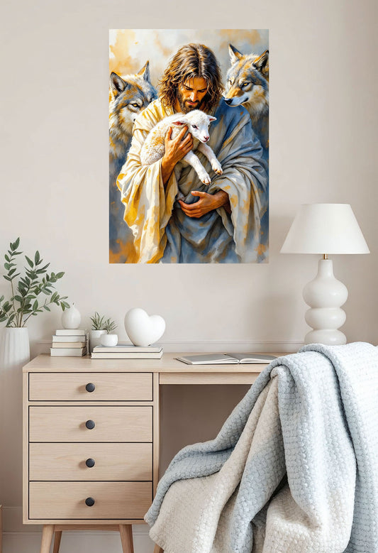The Good Shepherd Protecting The Lamb, Canvas Wall Art